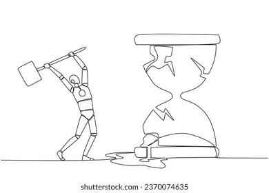 Continuous one line drawing robot preparing to hit the big hourglass. Remove reminders. Work without rules. Undisciplined. Detrimental to the company. Single line draw design vector illustration