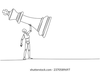 Continuous one line drawing robot future tech holding, lifting king chess piece. Successful entrepreneurship tactics or strategy, superiority in business. Single line draw design vector illustration