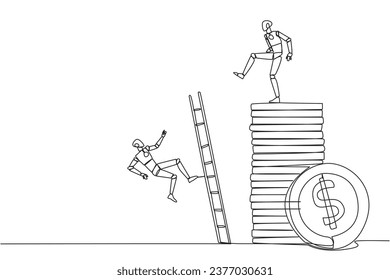 Eine durchgehende Linie zieht den Roboter gegen den Gegner, der mit einer Leiter auf einen Stapel Münzen klettert. Gier für Reichtum. Vergessen Sie Genossen in Waffen. Der Verräter. Vektorgrafik-Design für einzelne Linien
