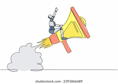 Continuous one line drawing of robot riding megaphone rocket flying in sky. Soft skill to communicate with team. Humanoid robot cybernetic organism. Single line draw design vector graphic illustration