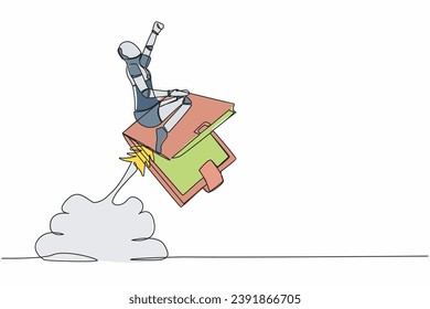 Continuous one line drawing robot riding wallet rocket flying in the sky. Financial planning at tech business. Humanoid robot cybernetic organism. Single line draw design vector graphic illustration