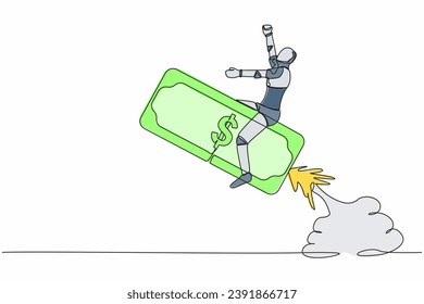 Continuous one line drawing robot riding banknote money rocket flying in the sky. Tech investment opportunity. Humanoid robot cybernetic organism. Single line draw design vector graphic illustration