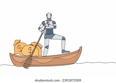 Continuous one line drawing robot sailing away on boat with stack of money bag. Criminal bring huge amount of money. Robotic artificial intelligence. Single line graphic design vector illustration