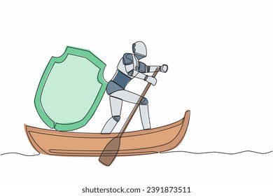 Continuous one line drawing of robot sailing away on boat with shield. Security and insurance in tech company. Humanoid robot cybernetic organism. Single line draw design vector graphic illustration