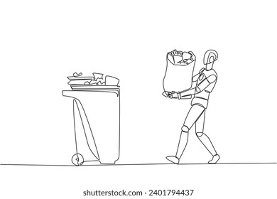 Continuous one line drawing robot walked carrying a trash bag in both hands towards the trash can. Robots help social activities to clean the environment. Single line draw design vector illustration