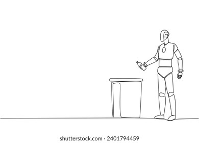 Continuous one line drawing robot throw used plastic bottles into overflowing trash cans. Environmental care. Programmed to always be clean. Future tech. Single line draw design vector illustration