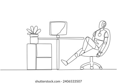 Continuous one line drawing robot sits in work chair with one of legs raised and folded. Robot relax. Its artificial intelligence is human-like. Future AI. Single line draw design vector illustration