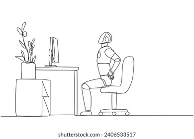 Continuous one line drawing robot sitting in a work chair with hands holding waist. Tutorial robots. Give instructions on how to stretch the body properly. Single line draw design vector illustration