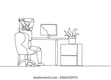 Continuous one line drawing robot sitting in a work chair warming up his hands above his head. Stretching. Training artificial intelligence. Future tech. Single line draw design vector illustration