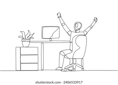 Continuous one line drawing the robot sit on chair opening and raising his hands. Stretching robot. Sitting and focusing too long. Future technology AI. Single line draw design vector illustration