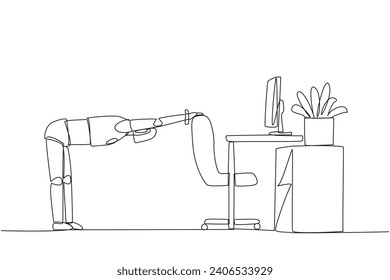 Continuous one line drawing robot bowed while holding his hand on his work chair. Stretching. Training all muscles after the repair process. Technology. Single line draw design vector illustration