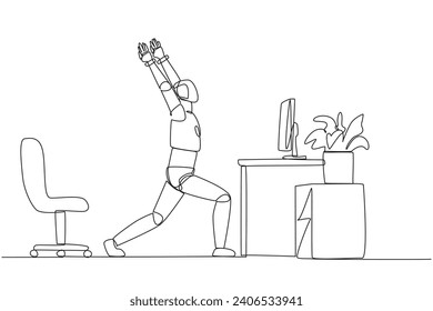 Continuous one line drawing robot stands with both hands raised and legs stretched. Robots increase the level of flexibility. Artificial intelligence. AI. Single line draw design vector illustration