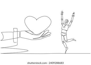 Continuous one line drawing a robot happy to get love from the giant hand. Sympathy. Awe of the amazing artificial intelligence. Future technology concept. Single line draw design vector illustration