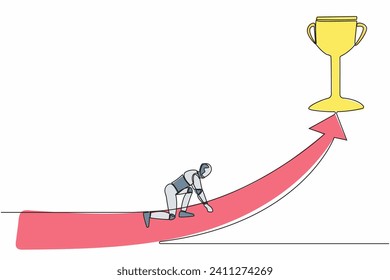 Continuous one line drawing of robot get ready to sprint run and get trophy. Humanoid robot cybernetic organism. Future robotic development competition. Single line design vector graphic illustration