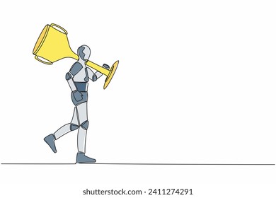 Continuous one line drawing robot carry big trophy cup for winner as symbol of victory. Tech business success. Humanoid cybernetic organism. Future robotic. Single line draw design vector illustration