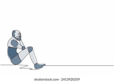 Continuous one line drawing robot cover his face, feeling sad and depression sitting on the floor. Humanoid cybernetic organism. Future robotic development. Single line draw design vector illustration