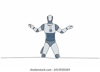 Continuous one line drawing robot despair suffer grief. Sad gesture expression. Burnout, depression disorder. Humanoid cybernetic organism. Future robotic. Single line draw design vector illustration