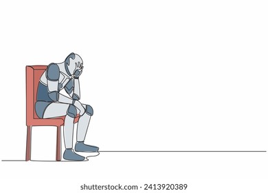 Continuous one line drawing robot hold his head sitting on chair. Regret on mistake, frustration, depressed. Humanoid cybernetic organism. Future robotic. Single line draw design vector illustration