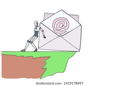 Continuous one line drawing robot pushes a large email icon down with its back from the edge of cliff. Throw away spam emails to the bottom of steep cliff. Single line draw design vector illustration