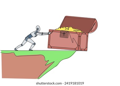 Continuous one line drawing robot pushes open giant treasure chest down from the edge of the cliff. Robot isn't greedy. Future robotic development concept. Single line draw design vector illustration