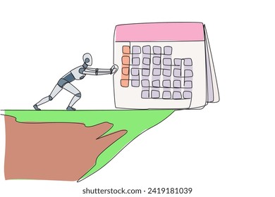 Continuous one line drawing robot pushes a giant desk calendar down from the edge of cliff. Many trials of robots fail every month. Future robotic. AI tech. Single line draw design vector illustration