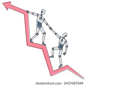 Kontinuierlicher Strichziehroboter zieht den Arm eines anderen Roboters, der vom grafischen Pfeil gefallen ist. Teamarbeit, um sich gegenseitig zu stärken. Künstliche Intelligenz. Vektorgrafik-Design für einzelne Linien