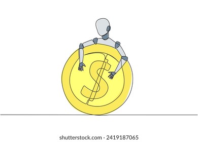 Continuous one line drawing robot hugging coin sign dollar. Insert coin into the back of the robot, then it will fulfill all your wishes. Future technology. Single line draw design vector illustration