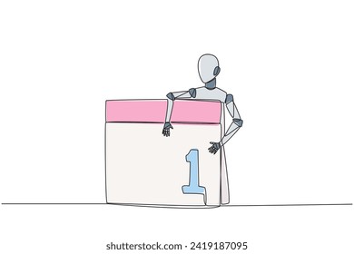 Continuous one line drawing robot hugging desk calendar. The launch date of the latest technology robot has been set. Machine learning concept. Future tech. Single line draw design vector illustration