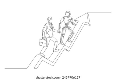 Continuous one line drawing of robot helping businessman to step up growing arrow, AI assistant concept, single line art.