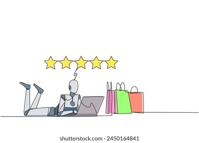 Continuous one line drawing robot on stomach while typing on laptop. Next to the laptop is a shopping bag. Give the best review with pleasure. Future tech. Single line draw design vector illustration