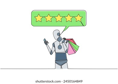 Continuous one line drawing robot holding several shopping bags. The other hand typing on the smartphone gives a 5 star review. Online shopping. AI tech. Single line draw design vector illustration