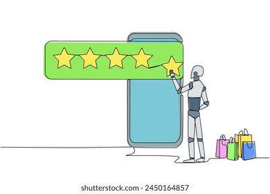 Continuous one line drawing robot standing facing giant smartphone trying to stick one star, that it becomes 5 stars. Reviews given to online stores. Future tech. Single line draw vector illustration