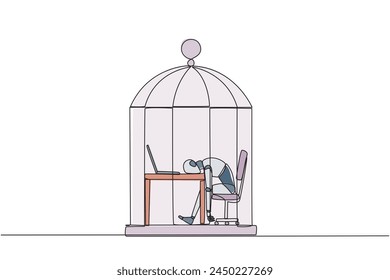 Continuous one line drawing robot trapped in cage asleep on laptop. Tired of repetitive routines. The many deadlines require overtime every day. AI tech. Single line draw design vector illustration