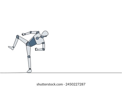 Continuous one line drawing robot doing taekwondo movements. Kicking motion. Strong legs. Keeping business with sport. Keep healthy stay strong. AI tech. Single line draw design vector illustration