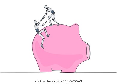 Continuous one line drawing robot helps colleague climb the big piggy bank. Remind each other in kindness. Investment for the future. Super great teamwork. Single line draw design vector illustration
