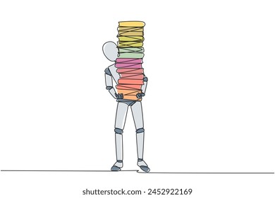 Continuous one line drawing robot carrying tall stack of books covering itself. Newly purchase book from bookstore. Read books one by one at home. Reading. Single line draw design vector illustration