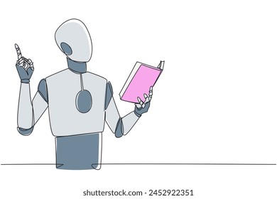 Robot de dibujo continuo de una línea que está de pie leyendo el libro. El gesto es una idea. El libro puede ver desde diferentes puntos de vista. Brillante idea de leer un libro. Ilustración vectorial de diseño de dibujo de una sola línea