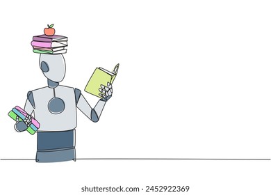 Continuo una línea de dibujo robot libro de lectura practicando el equilibrio. Apilar libros en la parte superior de la cabeza junto con la manzana. Equilibrar el ritmo de lectura, entrenar el enfoque. Ilustración vectorial de diseño de dibujo de una sola línea