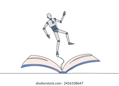 Continuous one line drawing robot hovering over an open book. Imagination to be robot astronaut floating in outer space. Enjoy the storyline. Book festival. Single line draw design vector illustration
