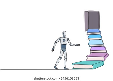 Continuous one line drawing robot climb stairs from the book stack. Towards the wide open door. Metaphor of finding the answers from books. Book festival. Single line draw design vector illustration