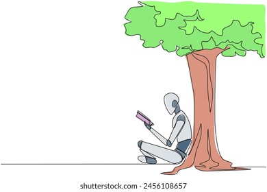 Continuous one line drawing robot sitting reading book under shady tree. Continuing second volume of the fiction story book. Enjoy reading. Book festival. Single line draw design vector illustration