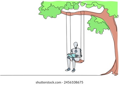 Continuous one line drawing robot sitting on a swing attached to a tree reading a book. Really enjoyed the storyline of the fiction book. Book festival. Single line draw design vector illustration