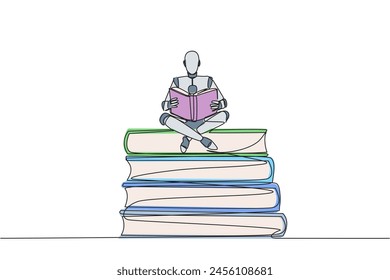 Continuous one line drawing robot sitting relax reading book on pile of books. Relax while reading fiction book. Enjoy storyline. Book festival concept. Single line draw design vector illustration