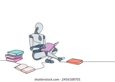 Continuous one line drawing robot sitting relax in library reading lot of books. Looking for answers to assignments. Hobby reading. Book festival concept. Single line draw design vector illustration