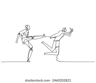 Continuous one line drawing the robot kick the employee from his job. Business growth concept. Design vector illustration