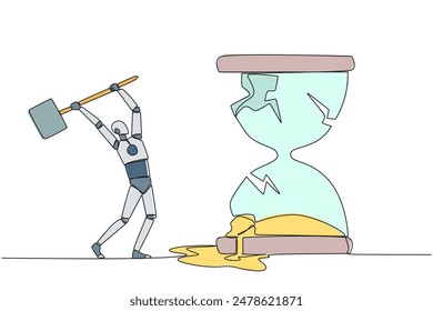 Continuous one line drawing robot preparing to hit the big hourglass. Remove reminders. Work without rules. Undisciplined. Detrimental to the company. Single line draw design vector illustration