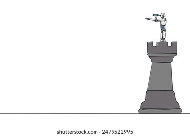 Continuous one line drawing robot future tech on top of big rook chess piece using monocular looking for success, opportunities, future business trends. Single line draw design vector illustration