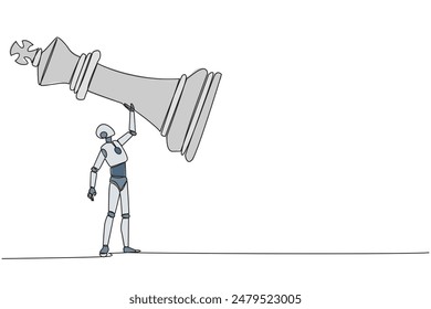 Continuous one line drawing robot future tech holding, lifting king chess piece. Successful entrepreneurship tactics or strategy, superiority in business. Single line draw design vector illustration