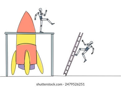 Continuous one line drawing the robot kicks opponent who climbing the rocket with ladder. Failure to open new business. Cheated by business friend. Traitor. Single line draw design vector illustration