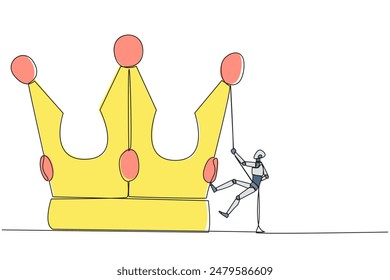 Continuous one line drawing the robot climbing crown with rope. Prepare for a better life by working hard to achieve the highest position. The hard worker. Single line draw design vector illustration